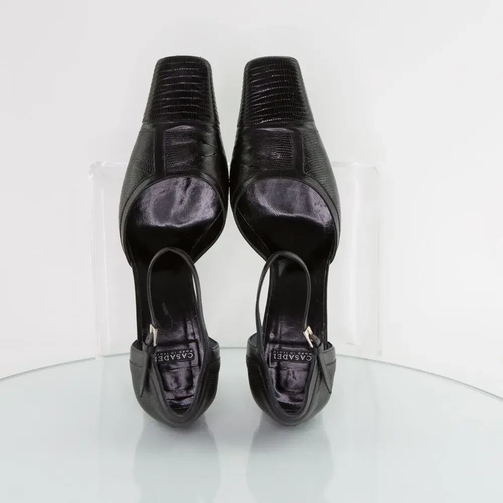 CASADEI $350 Black Lizard Heels Ankle Strap D'Orsay Women's Size 8.5 AA Narrow